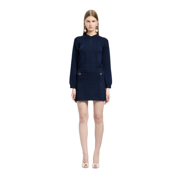Alessandra Rich Merino Wool Lace-Knit Mini Skirt in Navy Blue, view 2