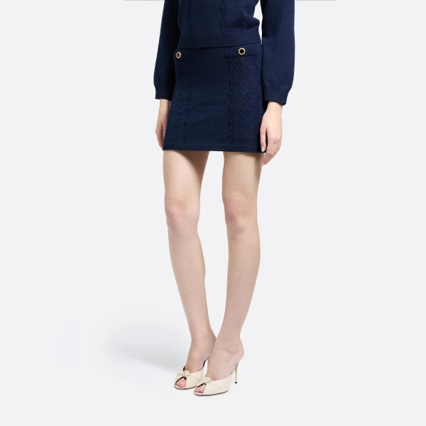 Alessandra Rich Merino Wool Lace-Knit Mini Skirt in Navy Blue, view 3