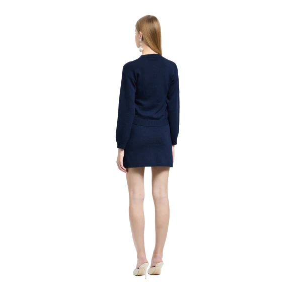 Alessandra Rich Merino Wool Lace-Knit Mini Skirt in Navy Blue, view 4