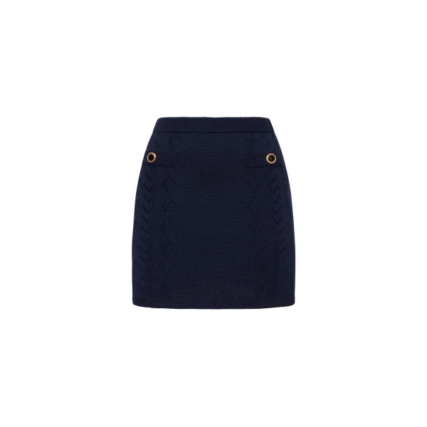 Merino Wool Lace-Knit Mini Skirt in Navy Blue