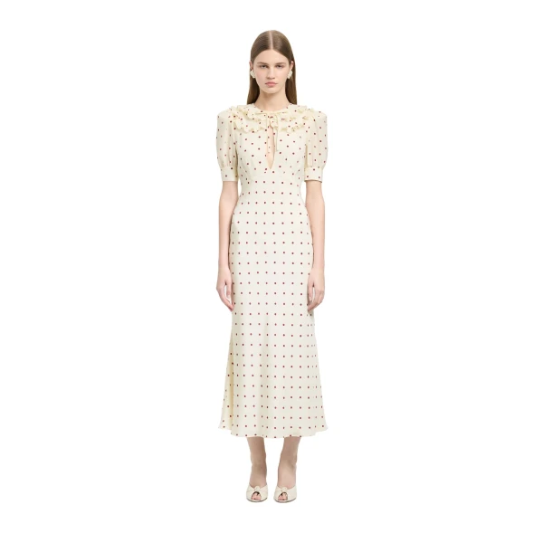 Alessandra Rich Polka-Dot Silk Dress with Double Collar in Cream and Bordeaux, view 2