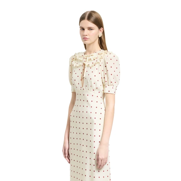 Alessandra Rich Polka-Dot Silk Dress with Double Collar in Cream and Bordeaux, view 3