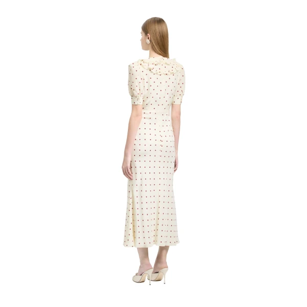 Alessandra Rich Polka-Dot Silk Dress with Double Collar in Cream and Bordeaux, view 4