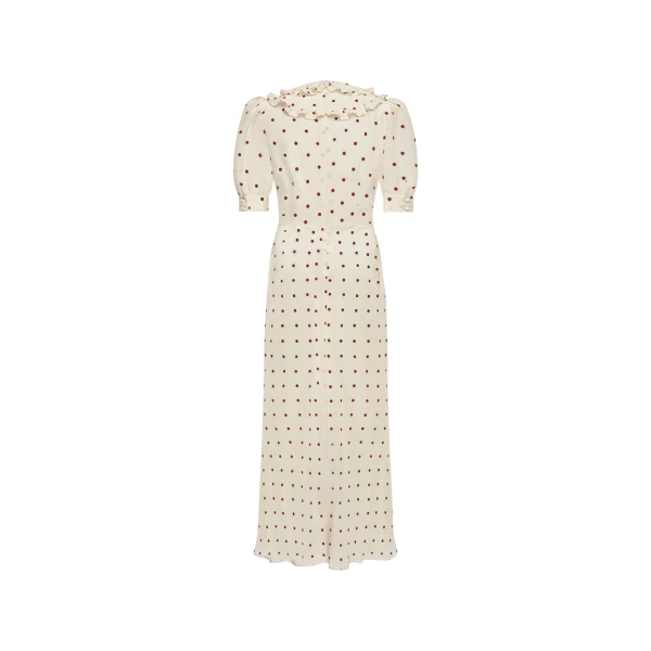 Alessandra Rich Polka-Dot Silk Dress with Double Collar in Cream and Bordeaux, view 5