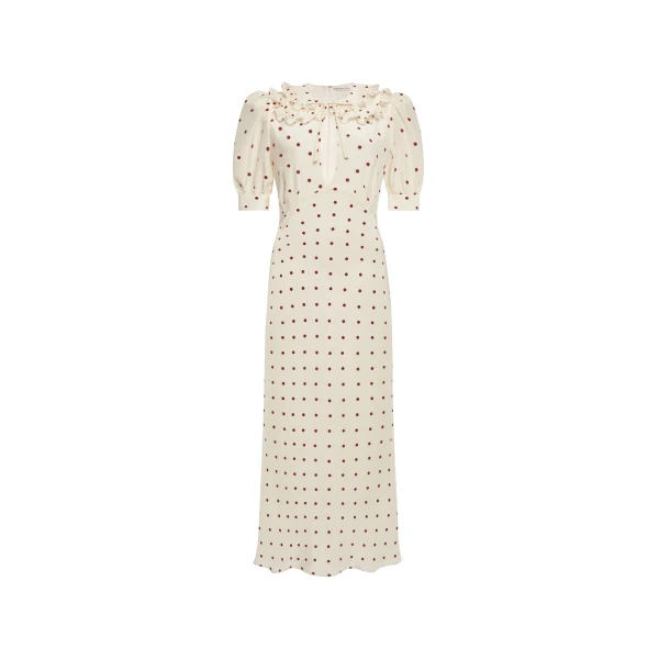 Alessandra Rich Polka-Dot Silk Dress with Double Collar in Cream and Bordeaux
