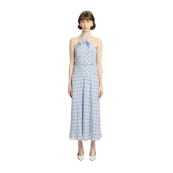 Alessandra Rich Polka-Dot Silk Halterneck Midi Dress in Light Blue and Blue, view 2