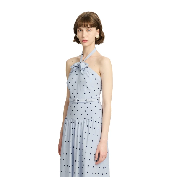 Alessandra Rich Polka-Dot Silk Halterneck Midi Dress in Light Blue and Blue, view 3