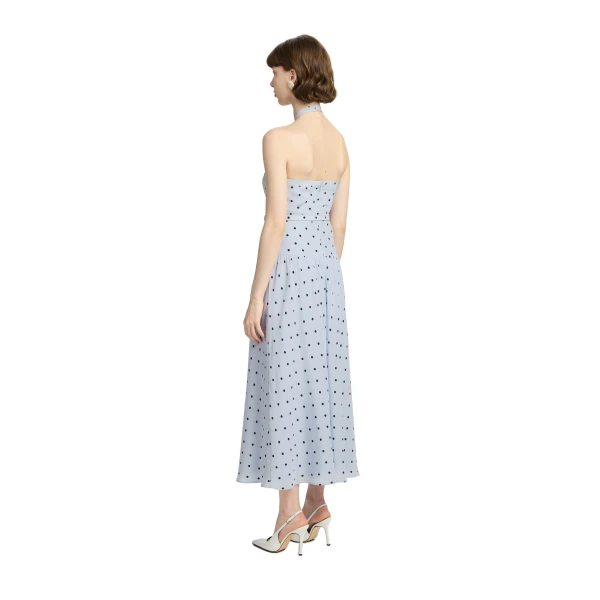 Alessandra Rich Polka-Dot Silk Halterneck Midi Dress in Light Blue and Blue, view 4
