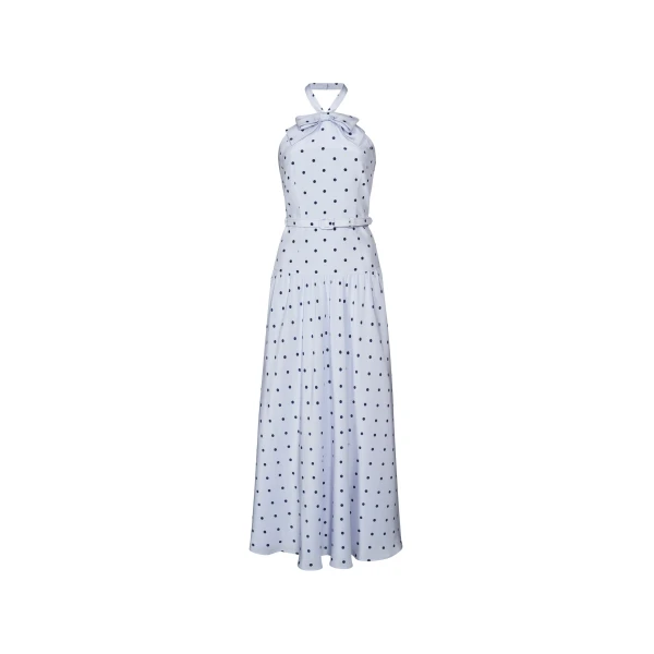 Alessandra Rich Polka-Dot Silk Halterneck Midi Dress in Light Blue and Blue