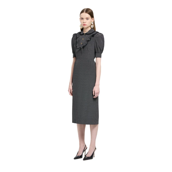 Alessandra Rich Polka-Dot Silk Midi Dress in Black and White, view 2