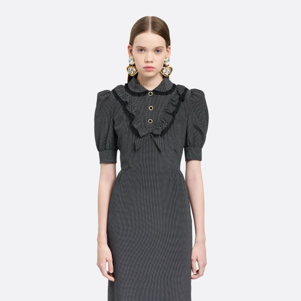 Alessandra Rich Polka-Dot Silk Midi Dress in Black and White, view 3