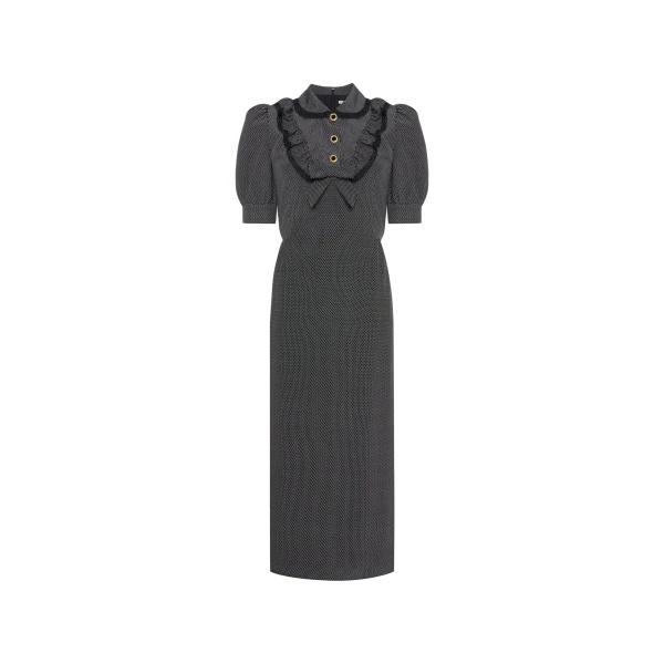 Alessandra Rich Polka-Dot Silk Midi Dress in Black and White