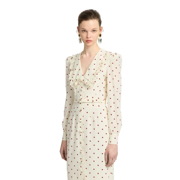 Alessandra Rich Polka-Dot Silk Midi Dress with V-Neckline in Cream and Bordeaux, view 3