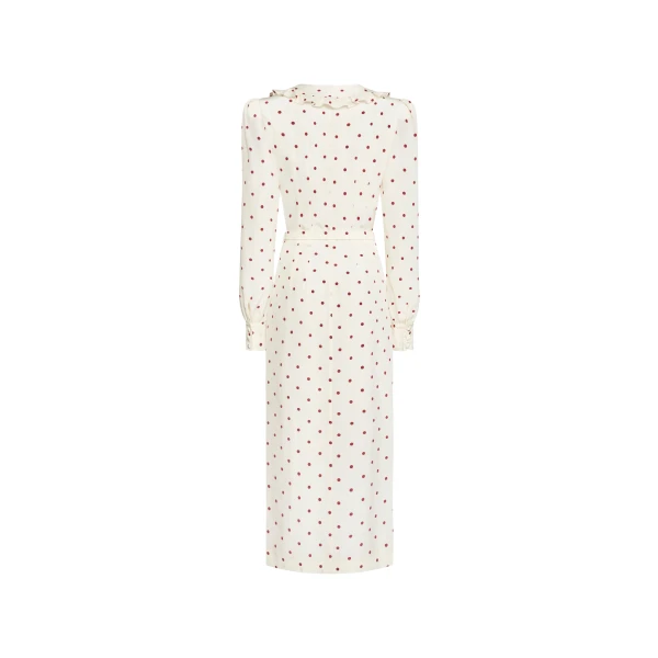 Alessandra Rich Polka-Dot Silk Midi Dress with V-Neckline in Cream and Bordeaux, view 5