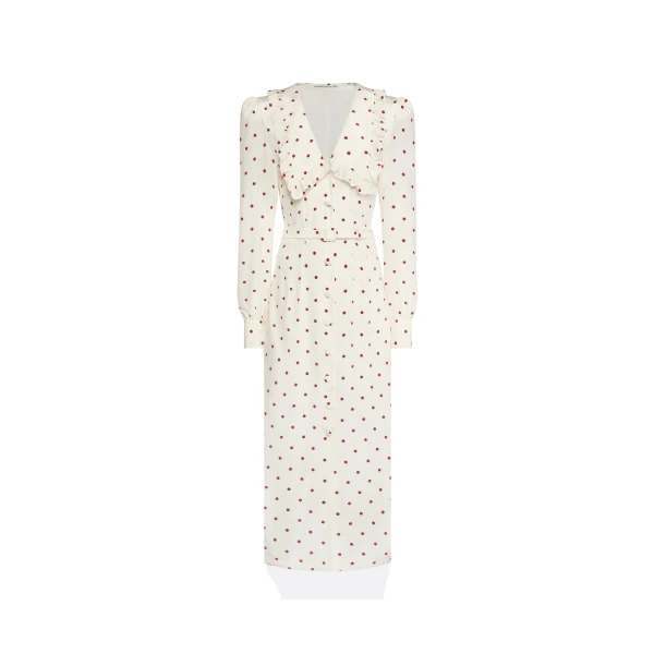 Polka-Dot Silk Midi Dress with V-Neckline in Cream and Bordeaux