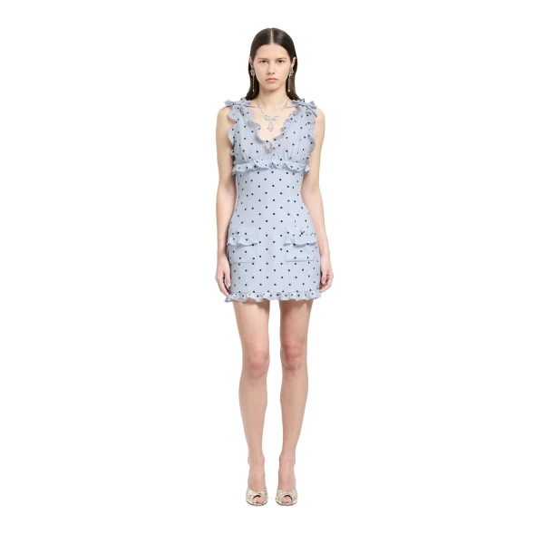 Alessandra Rich Polka-Dot Silk Mini Dress with Pockets in Light Blue and Blue, view 2