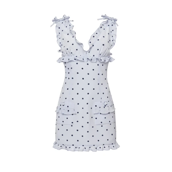 Alessandra Rich Polka-Dot Silk Mini Dress with Pockets in Light Blue and Blue