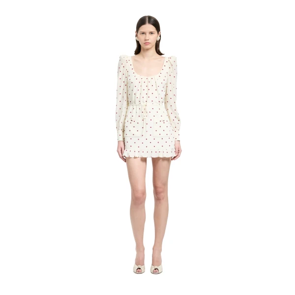 Alessandra Rich Polka-Dot Silk Mini Dress with Scooped Neckline in Cream and Bordeaux, view 2