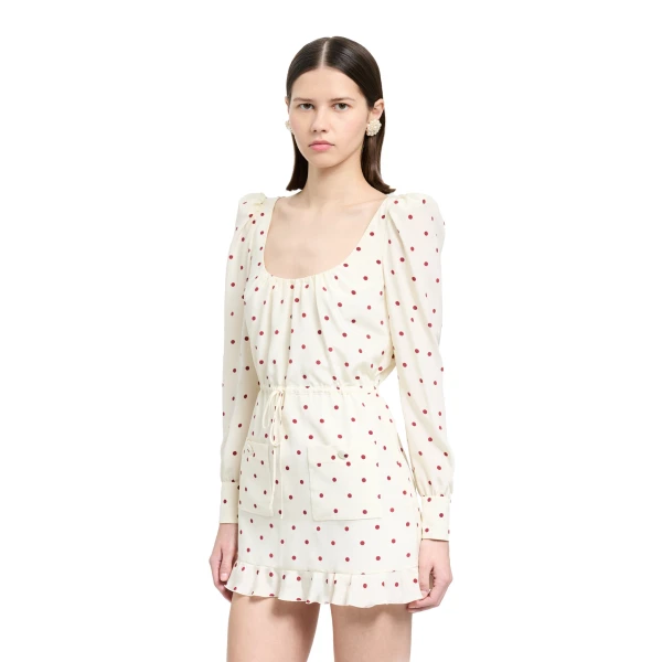 Alessandra Rich Polka-Dot Silk Mini Dress with Scooped Neckline in Cream and Bordeaux, view 3