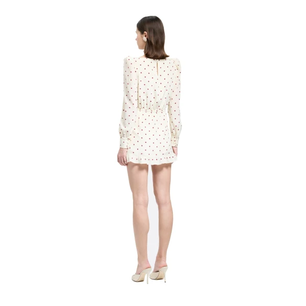 Alessandra Rich Polka-Dot Silk Mini Dress with Scooped Neckline in Cream and Bordeaux, view 4