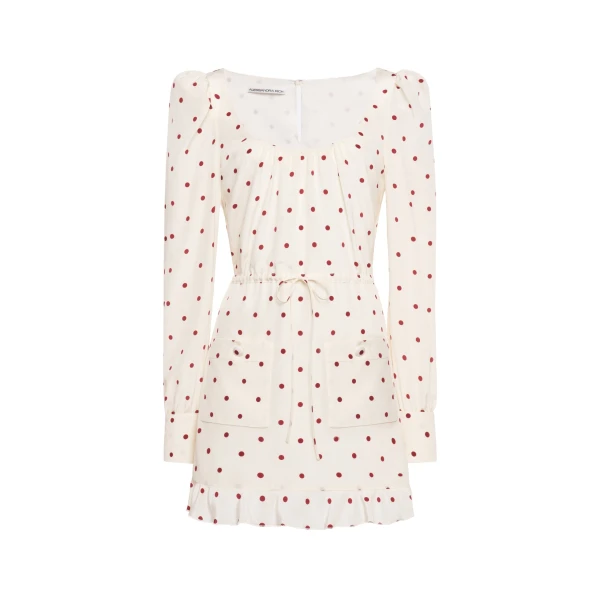 Polka-Dot Silk Mini Dress with Scooped Neckline in Cream and Bordeaux