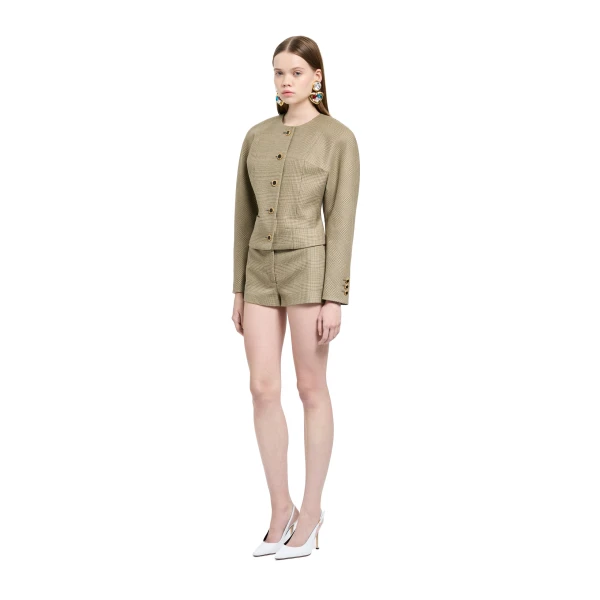 Alessandra Rich Prince of Wales Wool Jacket in Green and Beige, view 2