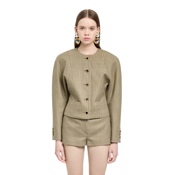 Alessandra Rich Prince of Wales Wool Jacket in Green and Beige, view 3