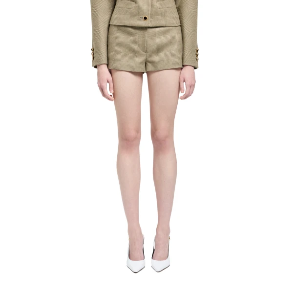 Alessandra Rich Prince of Wales Wool Shorts in Green and Beige, view 3