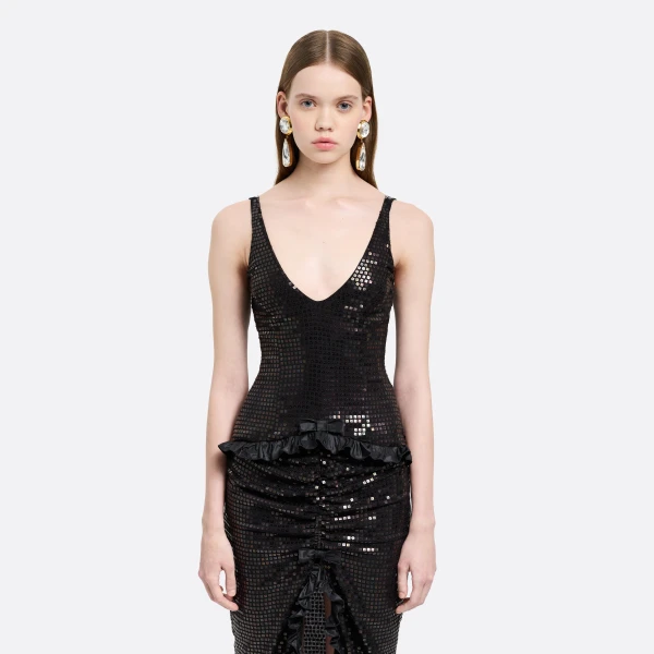 Alessandra Rich Sequin-Embroidered Silk Evening Dress in Black, view 3