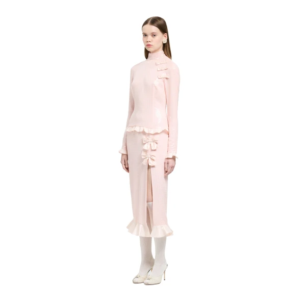 Alessandra Rich Sequin-Embroidered Silk High Neck Midi Dress in Pink, view 2