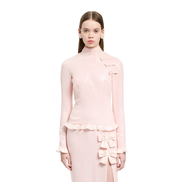 Alessandra Rich Sequin-Embroidered Silk High Neck Midi Dress in Pink, view 3