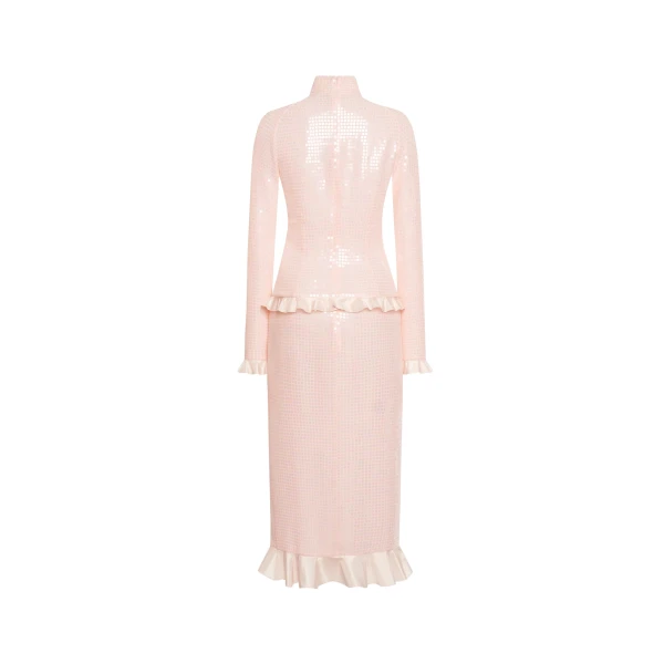 Alessandra Rich Sequin-Embroidered Silk High Neck Midi Dress in Pink, view 5