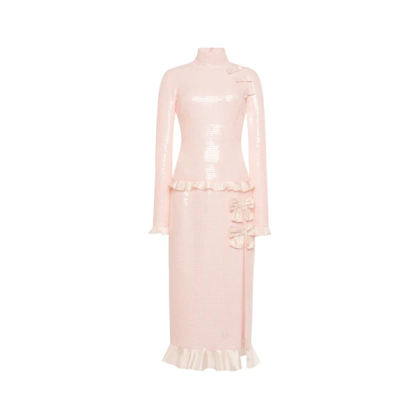 Alessandra Rich Sequin-Embroidered Silk High Neck Midi Dress in Pink