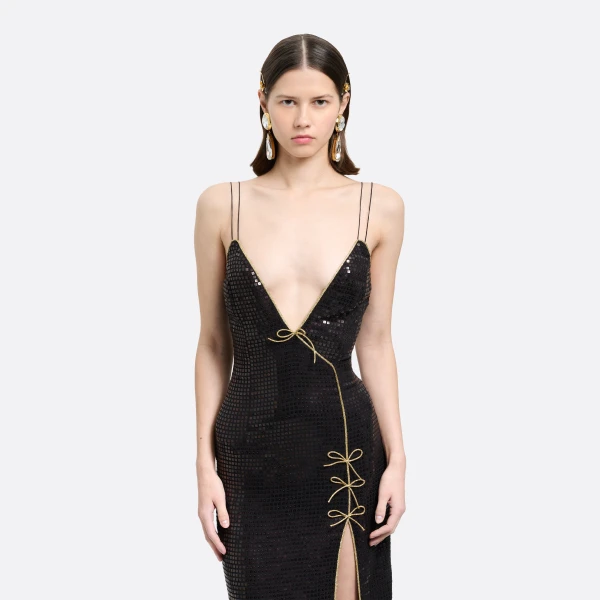 Alessandra Rich Sequin-Embroidered Silk Slip Dress in Black, view 3