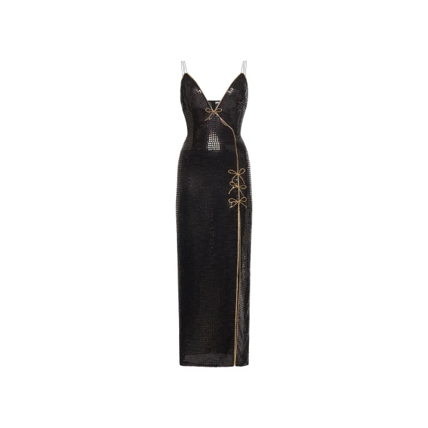 Alessandra Rich Sequin-Embroidered Silk Slip Dress in Black