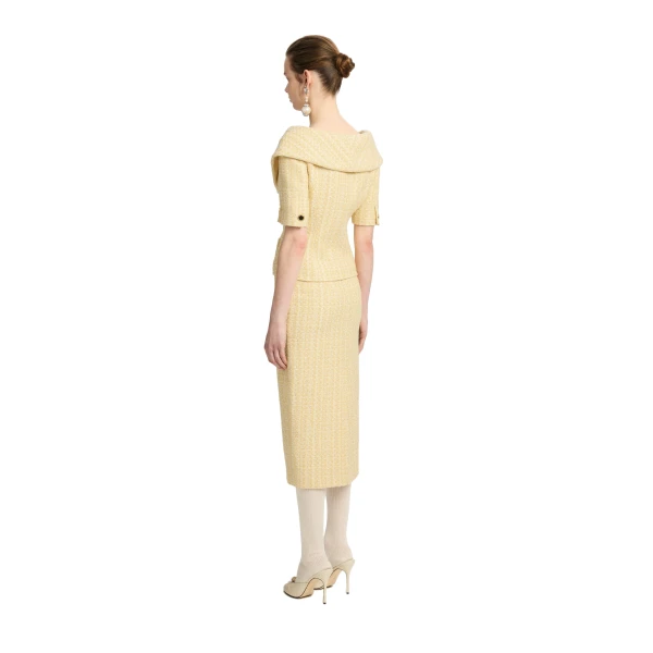 Alessandra Rich Sequin Tweed Midi Skirt in Pale Yellow and White, view 4