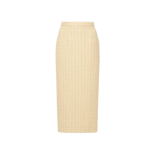 Sequin Tweed Midi Skirt in Pale Yellow and White