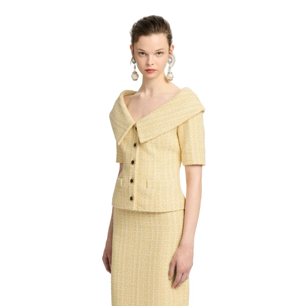 Alessandra Rich Sequin Tweed Off-Shoulder Jacket in Pale Yellow and White, view 2
