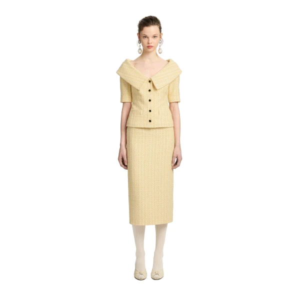 Alessandra Rich Sequin Tweed Off-Shoulder Jacket in Pale Yellow and White, view 3