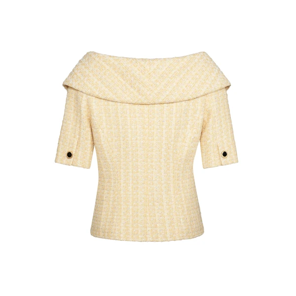 Alessandra Rich Sequin Tweed Off-Shoulder Jacket in Pale Yellow and White, view 5