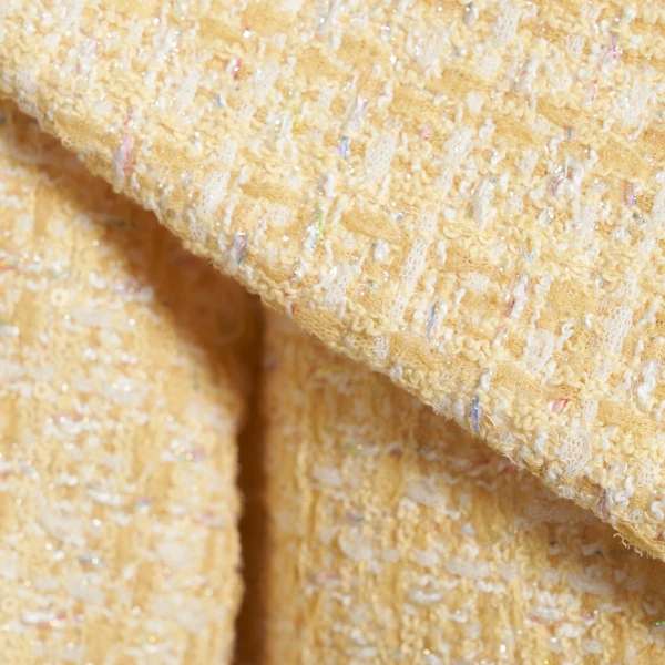 Alessandra Rich Sequin Tweed Off-Shoulder Jacket in Pale Yellow and White, view 6
