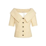 Alessandra Rich Sequin Tweed Off-Shoulder Jacket in Pale Yellow and White