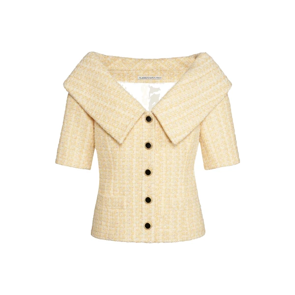 Alessandra Rich Sequin Tweed Off-Shoulder Jacket in Pale Yellow and White