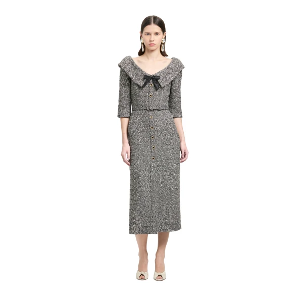 Alessandra Rich Sequin Tweed Off-Shoulder Midi Dress in White and Black Melange, view 2