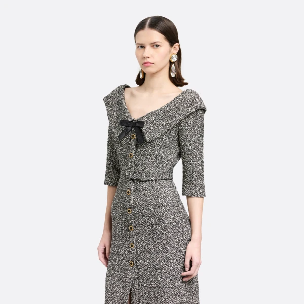 Alessandra Rich Sequin Tweed Off-Shoulder Midi Dress in White and Black Melange, view 3