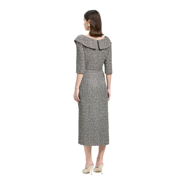 Alessandra Rich Sequin Tweed Off-Shoulder Midi Dress in White and Black Melange, view 4