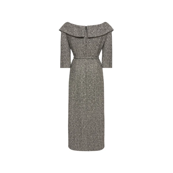 Alessandra Rich Sequin Tweed Off-Shoulder Midi Dress in White and Black Melange, view 6