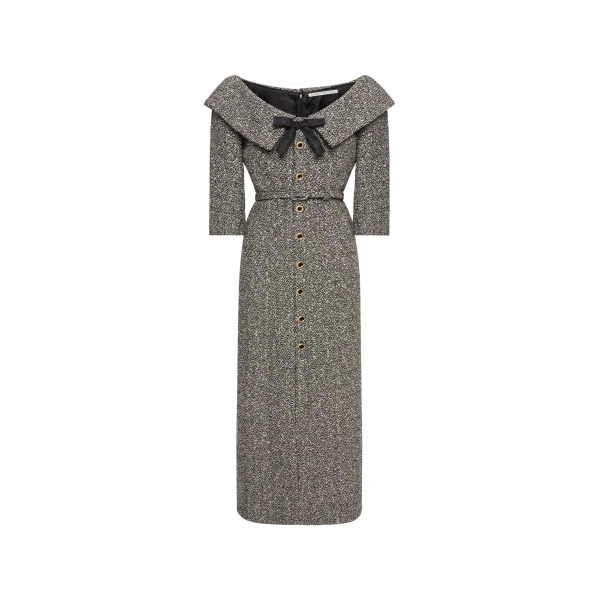 Alessandra Rich Sequin Tweed Off-Shoulder Midi Dress in White and Black Melange