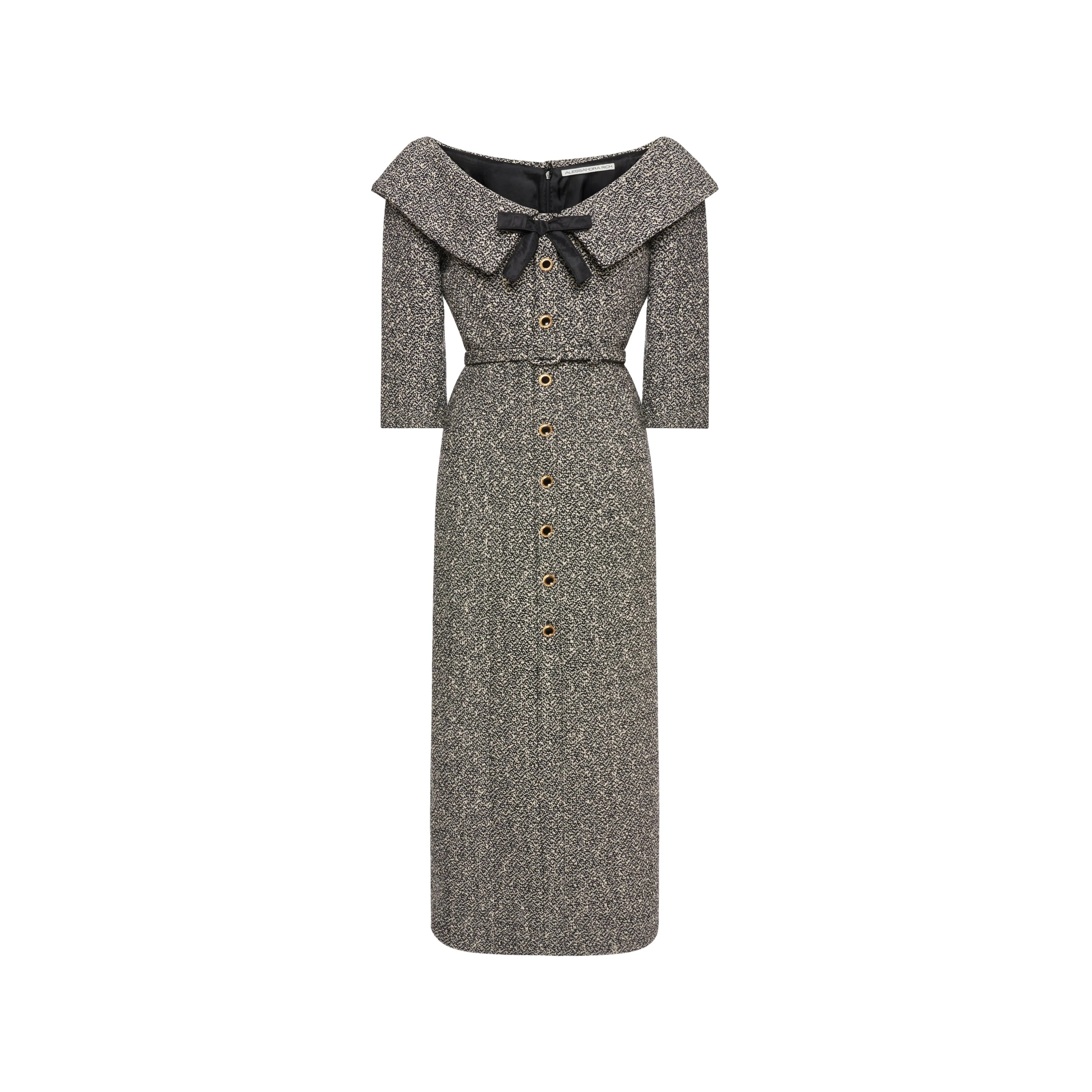 Alessandra Rich Sequin Tweed Off-Shoulder Midi Dress in White and Black Melange Alessandra Rich Sequin Tweed Off-Shoulder Midi Dress in White and Black Melange