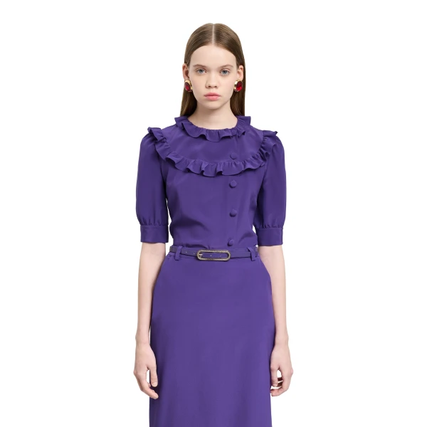 Alessandra Rich Silk Blouse with Ruffles in Purple, view 3